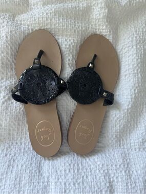 Jack Rogers Black Leather Circle-Top Toe-Post Sandals with Tan Footbed
